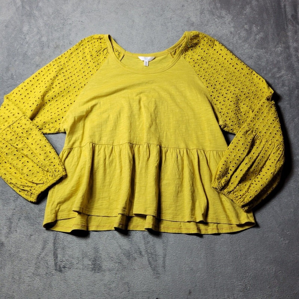 Time Tru Shirt Womens 20 Yellow Ruffle Eyelet Comfort Travel Long Sleeve Blouse